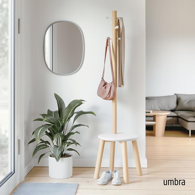 Umbra Pillar Coat Rack, Stool, Clothing Organizer, Umbrella Holder and Hat Organizer, Great for Entryway, White/Natural