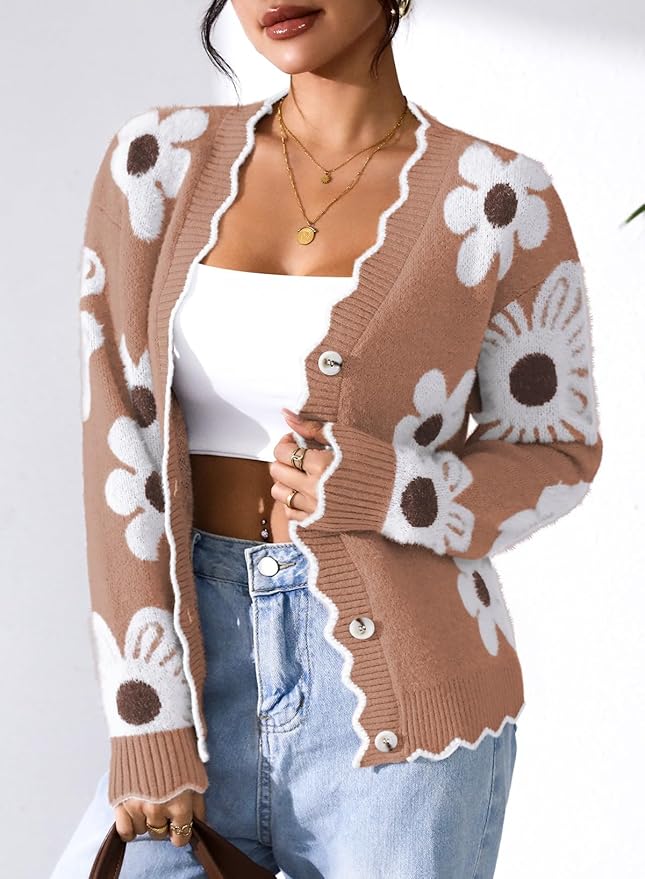 Pink Queen Fuzzy Sweater Cardigan for Women 2025 Fashion Long Sleeve Flower Outerwear Button Down Open Front Cardigan Coat