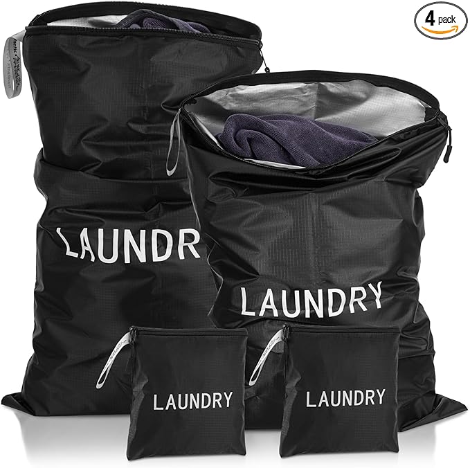 4Pcs Travel Laundry Bags, Dirty Clothes Travel Bag, Waterproof Wet Bags with Zips, Reusable Wet Dry Bag for Swimming Yoga Dance Clothes (Black)