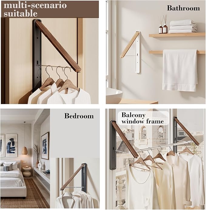 Retractable Wall Mounted Drying Rack - Foldable Clothes Hanger in Walnut or Oak Color for Laundry Room, Closet & Balcony (Walnut, 2 Racks + Rod)