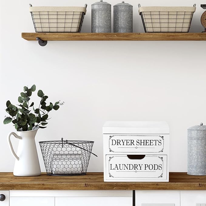 Tatuo Dryer Sheet Holder with Hinged Lid Farmhouse Dryer Sheet Dispenser Rustic Container Box Laundry Room Decor for Laundry Room Organization Fabric Pods, White