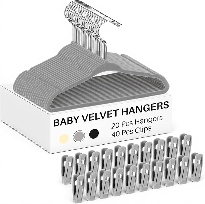 Soaoo 40 Pcs Baby Velvet Clips with 20 Baby Velvet Hangers, Pants Hangers Strong Finger Clips, Non Slip Kids Hanger for Kids, Toddler, Children's Closet & Nursery Closet (Grey)