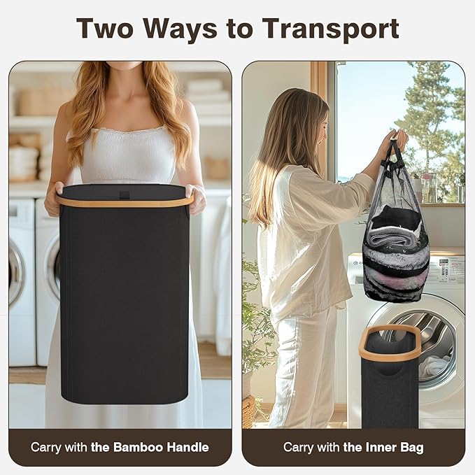 Slim Laundry Hamper with Lid, 60L Small Laundry Basket with Handles&Removable Bag, Thin Dirty Clothes Hampers for Laundry, Narrow Laundry Hampers for Bedroom Aesthetic, Black