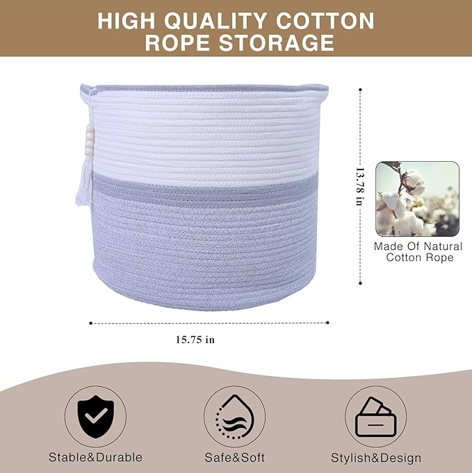 Large Woven Rope Laundry Hamper, Cotton Rope Storage Basket with Handles, Multipurpose Storage Basket for Laundry, Toys, Blankets in Bedroom, Bathroom, Living Room - Stylish & Durable (Grey, 55L)