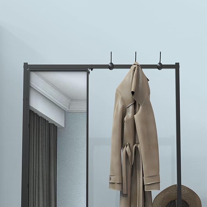 CHANCEE Coat Rack with Mirror – Freestanding Garment Rack with Shelf, Aluminum Hanger Stand with Shoe Storage, Multifunctional Clothes Rack for Bedroom, Entryway & Living Room, Rustic Brown/Black