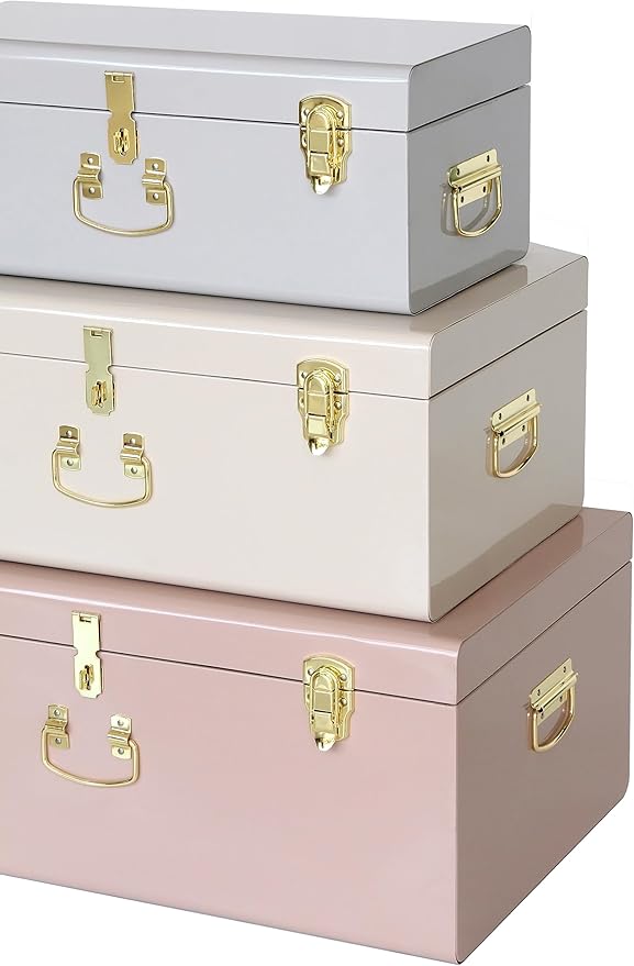 Vixdonos Decorative Box Set of 3 Metal Trunks Chest with Safety Lock Clasp for Treasure Organization and Home Dorm Decor,26.8x16.5x11Inches
