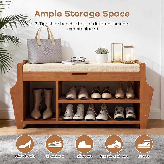 39.4in Shoe Bench with 2 Side Holder, 3 Tier Bamboo Entryway Bench with Storage, Shoe Rack Bench Organizer with Cushion for Entryway Hallway Living Room, Holds up to 330lbs