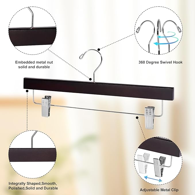 Quality Hangers Wooden Pants Hangers - 100-Pack Swivel Hook Cloth Hanger Set - Lotus Wood Skirt, Pant, Shorts and Slack Hangers with Adjustable Clip – Clothing Hanger Set (Mahogany, 100)