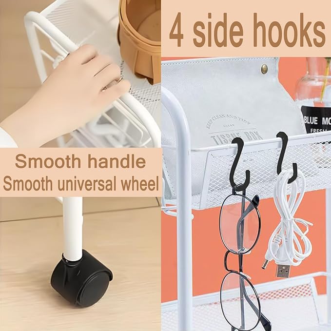 White Rolling Cart 3-Tier, Mobile Snack Cart for Living Room & Kitchen - Holds Beverages, Fruit, Books, with 360° Wheels & Hooks