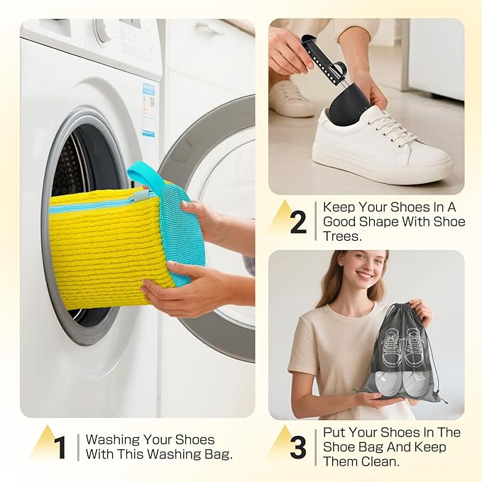 Shoe Washing Machine Bag,Reusable Laundry Cleaning bags for Washer and Dryer Fluffy Fibers 360° Wrap-Around Cleaning for All Shoes with Adjustable Shoe Trees & Dust-Proof Bag (Yellow 4Pcs)