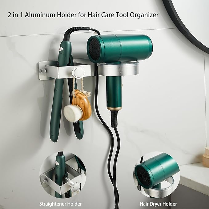 Hair Dryer Holder, Wall Mounted Stainless Steel Blow Dryer Holder & Hair Straightener Holder for Flat Iron,Curling Iron,Hairdryer