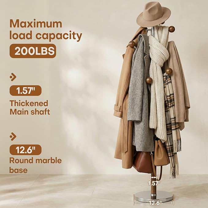 Coat Rack Freestanding, Metal Coat Tree with 9 Rubber Wood Hooks, Heavy Duty Coat Hanger Stand with Marble and Stainless Steel Base, Standing Hall Tree for Clothes, Hats, Bags, Jacket