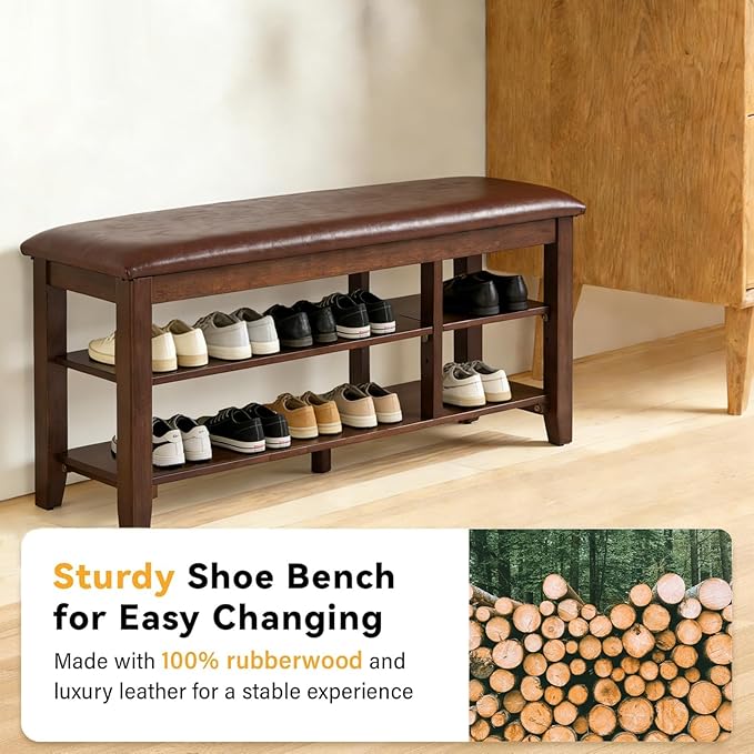 PY HOME & SPORTS Shoe Rack for Entryway 47": 2-Tier Shoe Storage Bench, Adjustable/Removable Shelves, Rubberwood Shoe Benches for Hallway, Porch, Bathroom, Brown
