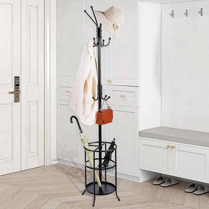 Freestanding Coat Rack with Umbrella Stand,Metal Coat Tree with 12 Hooks, Black Modern Coat Rack Stand,Coat Purse Hat Rack Umbrella Stand for Entryway, Living Room, Bedroom, Office