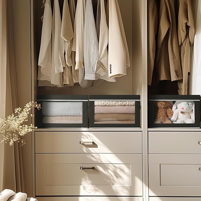 Storage Boxes with Lids - 3 Pack Fabric Clear Window Storage Bins, Collapsible Storage Bins with Lids, Linen Closet Organizer for Clothes, Towel, Blanket, Black