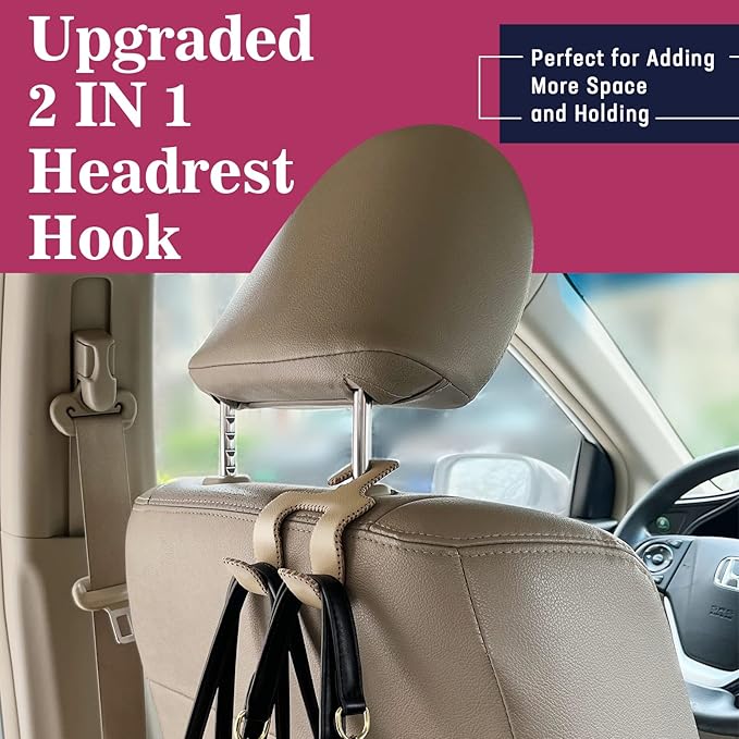 Upgraded Headrest Hooks for Purses and Bags, 2 in 1 Car Back Seat Head Rest Hanger Matching Cars Interior Genuine Leather Vehicle Storage Holder Hook, 1 Pack, Gray