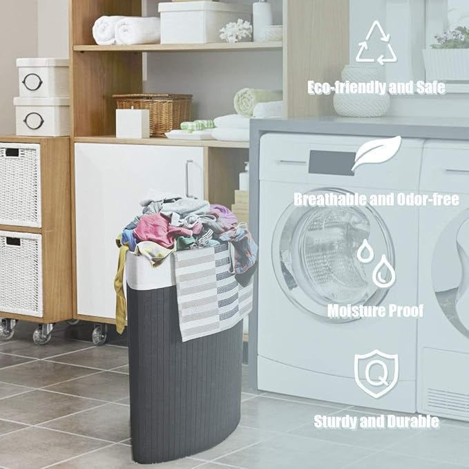 GOFLAME Corner Bamboo Laundry Hamper with Lid and Removable Liner, Washing Clothes Basket Storage Bin with Handle, Suitable for Bedroom, Bathroom, Laundry (Black)