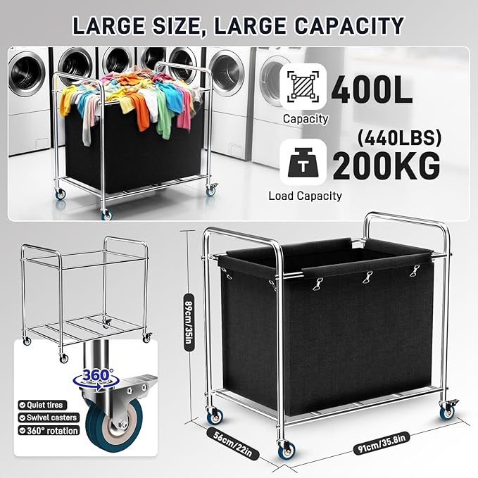 Commercial Laundry Cart with Wheels, 440 lbs Heavy Duty Industrial Laundry Cart with Sturdy Frame and Oxford Bag for Home Hotel Hospital, Rolling Laundry Cart for Home & Hotel, 400L(Black)