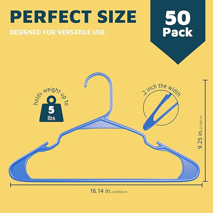 Lifemaster Plastic Clothes Hangers – Heavy Duty Hanger Set, for Organizing Clothes, Dresses, and Coat, Holds Up to 5 lbs, Space-Saving Hangers with Non-Slip Shoulder Grooves, Pack of 50, Blue