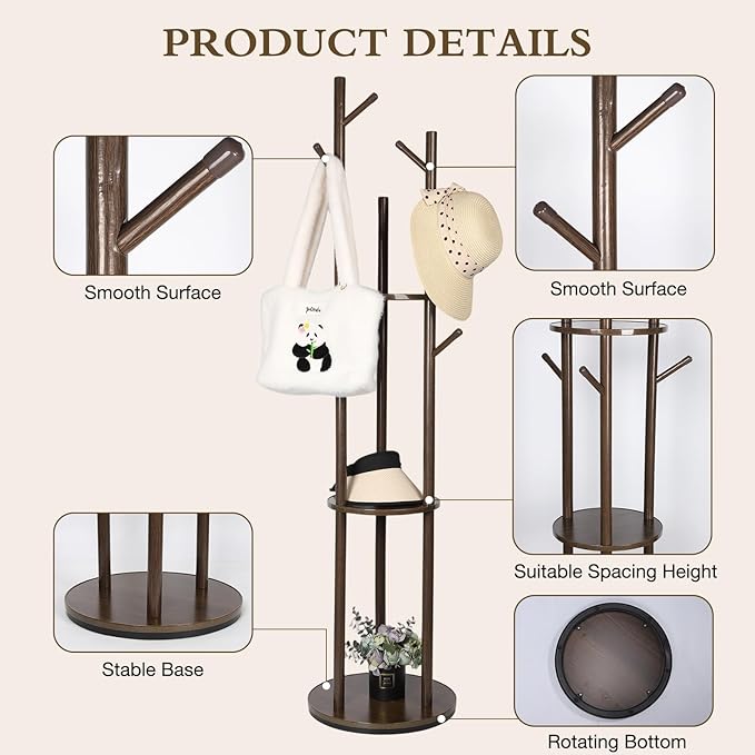 Wood Coat Rack with 3 Shelves and 9 Hooks, Freestanding Rotary Coat Tree for Entryway, Bedroom, Living Room, Hallway – Holds Jackets, Coats, Hats, Bags (Walnut)