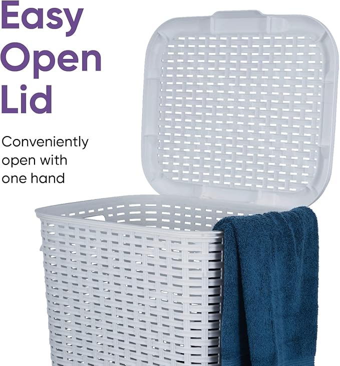 Plastic Laundry Hamper with Lid 3 Pack Laundry Hamper Basket, White Smoke Tall Cloths Hamper Organizer with Cut-out Handles. Space Saving for Laundry Room Bedroom Bathroom, Wicker Design 60 Liter