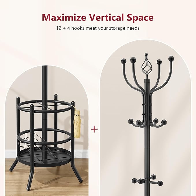 Tajsoon Coat Rack Stand with Umbrella Holder, Coat Tree Freestanding with 16 Hooks, Coat Hangers Stand for Living Room, Bedroom, Office, Black