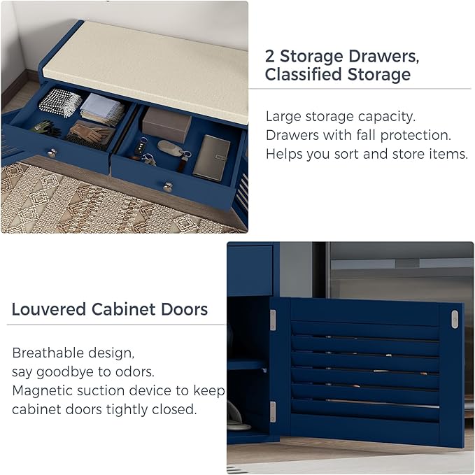 Shoe Storage Bench with Cushion, Shoe Bench, Padded Seat, 2 Drawer Storage, Entryway, Hold up to 300lbs, 15.8 x 32.29 x 18.1 Inches, Blue