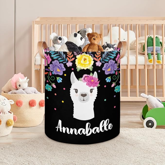 Personalized Laundry Basket, Custom Gift Laundry Hamper, Collapsible Nursery Waterproof Laundry Baskets, Dirty Clothes Toy Hamper with Handles Llama Colorful Floral