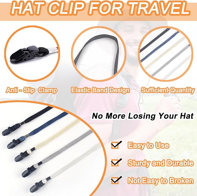 5 Pieces Adjustable Hat Strap Clips Windproof Anti-Loss Cap Strap Clips Hat Chin Cord for Travel, Golfing, Fishing