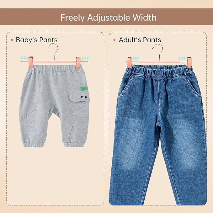Wooden Pants Hangers with Clips 12 Pack, Heavy Duty Adjustable Clip Non Slip Skirt Hanger for Jeans, Trousers, Short, Clothes, Space Saving Closet Organizer (Rose Gold, 12 Pack)