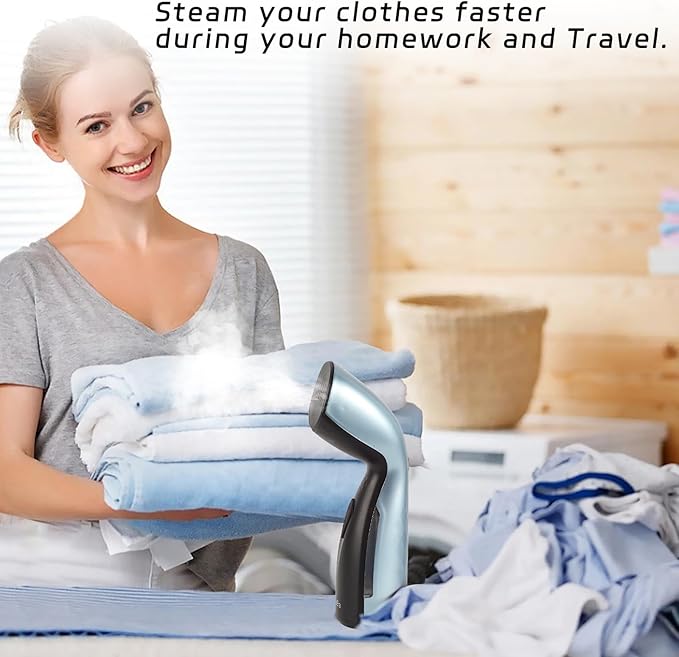 Travel Garment Steamer，25s Fast Heat，Handheld Portable with Metal Steam Head, Removes Wrinkles from Clothes，Fabrics，and Garments，Metallic Blue