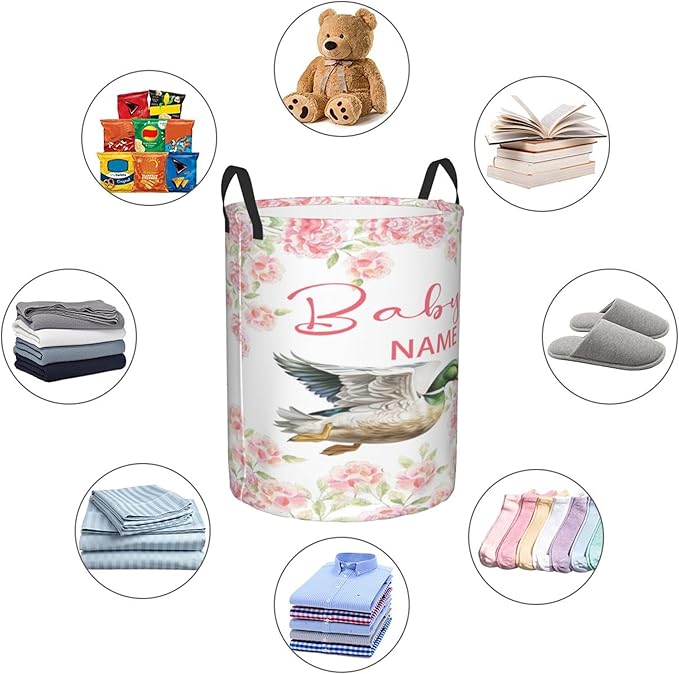 Personalized Mallard Duck Laundry Basket For Baby Kids Boys Girls Adult Custom Hamper Basket With Name For Bathroom Bedrooms Collapsible Baby Laundry Basket, Dirty Clothes Hamper With Handles