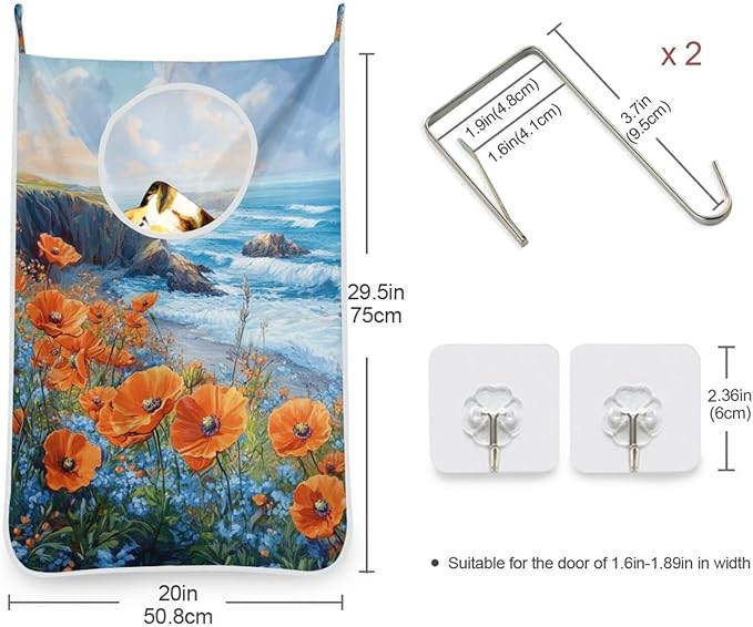 Hanging Laundry Hamper with Stainless Steel Hooks,Oxford Fabric Printing Door Laundry Clothes Bag, 29.5X20inch 1PCS Poppy Flower and Blue Ocean