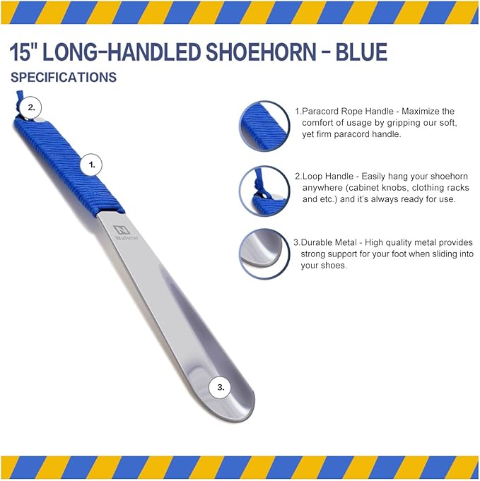 Long Metal Shoe Horn - 15 inches Stainless Steel Shoehorn with Paracord handle for Men, Women, Kids, Boots and All Shoes