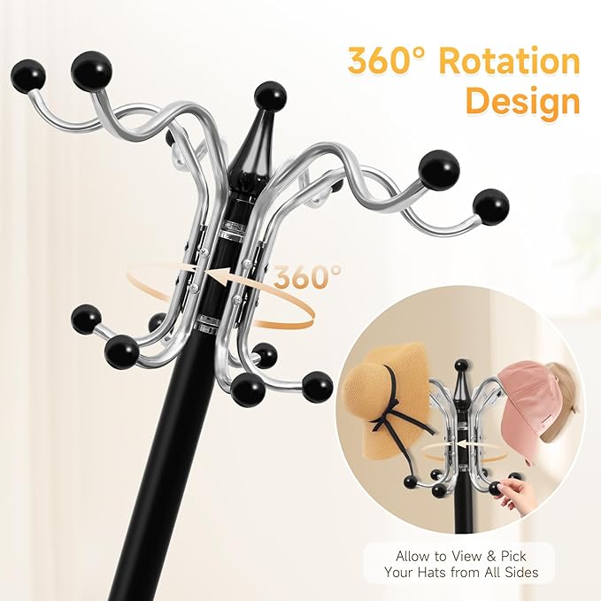 Coat Rack Freestanding, Modern Coat Rack with Natural Marble Base, Metal Freestanding Coat Rack with 16 Hooks, Entry-way Coat Racks Stand, Standing Coat Tree Rack (Black)