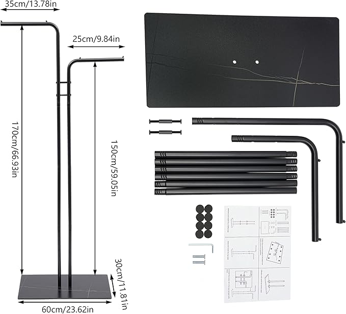 67in-Black Clothing Rack with Base, Double Rod Freestanding Coat Rack Hanging Clothes, Bags, Hat and Shoes for Entryway Bedroom Garment Organizer, Clothing Stores Boutique Retail, Studio