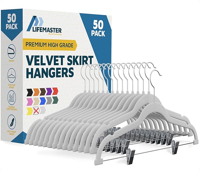 Lifemaster Velvet Skirt Hangers – with Adjustable Clips, 360 Degree Swivel Hook, and Non-Slip Shoulder Notch, Holds Up to 10 lbs, for Organizing Skirt, Pants, Dress, and Clothes, Pack of 50, White
