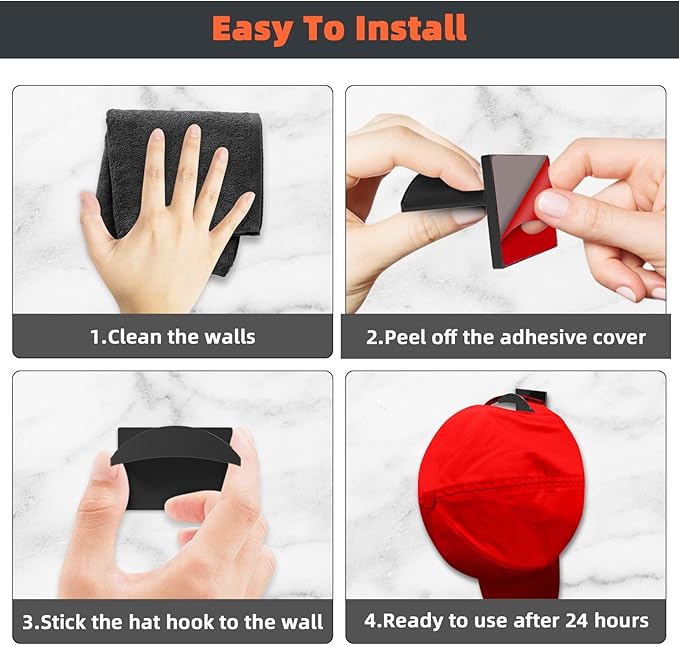 10 PCS Adhesive Hat Hooks for Wall, Strong Hold Hat Hangers, Minimalist Hat Rack Design, No Drilling, Hat Hooks for Baseball Caps, Hat Holder Organizer for Wall, Door, Closet, Office, Bedroom