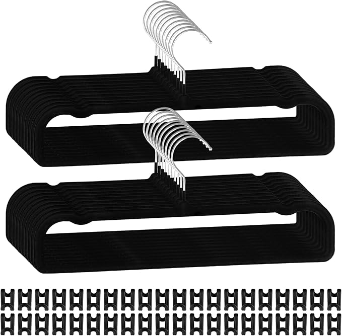 40 Pcs Velvet Pants Hangers with 40 Hooks Non Slip Black Velvet Hangers Slim Clothes Hanger Strong Space Saving Flocked Hanger for Closet Shorts Pants Bra Shirts