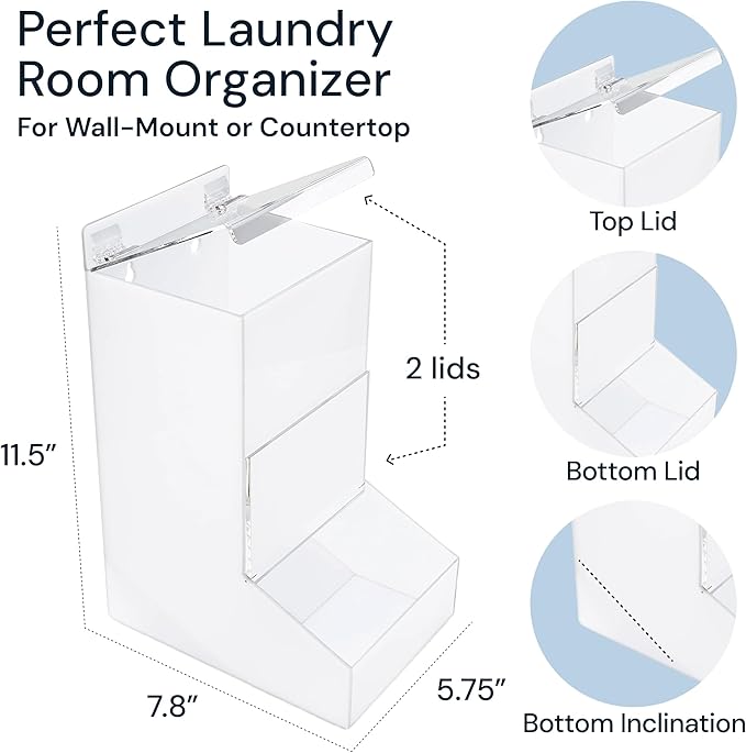 Acrylic Laundry & Dishwasher Pod Dispenser - Large White Acrylic, 2 Lids - Wall-Mount Or Countertop Gravity Feeder - Laundry Room Organization & Storage for Laundry Pods