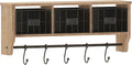 Flash Furniture Daly Wall Mounted Storage Rack - Rustic Brown Solid Pine Wood - 24 Inch - Upper Shelf - 5 Hooks - Wire Baskets - For Entryway, Kitchen, Bathroom