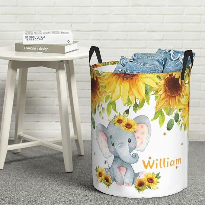 Cute Elephant Sunflowers Personalized Laundry Hamper Custom with Name Collapsible Waterproof Storage Basket with Handles for Bedroom Clothes Toys.