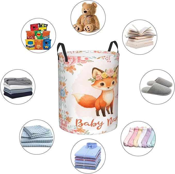 Personalized Fox Laundry Basket For Baby Kids Boys Girls Adult Custom Hamper Basket With Name For Bathroom Bedrooms Collapsible Baby Dirty Clothes Hamper With Handles