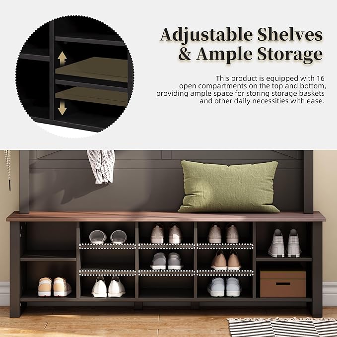 Farmhouse 4-in-1 Hall Tree with 6 Hooks, Practical Walnut Entryway Bench with Adjustable Shelves, Wooden Style Rustic Shoe Organizer with 16 Open Compartments for Mudroom, Living Room (Black/8C)