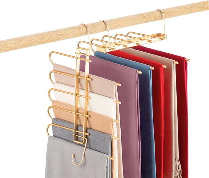 Pants Hangers Space Saving,Closet Hangers 5 Layers 2 Uses Multi Functional Pants Rack,Metal Heavy Duty Wardrobe Organizer Racks for Clothes Trousers Scarves Ties (Gold)