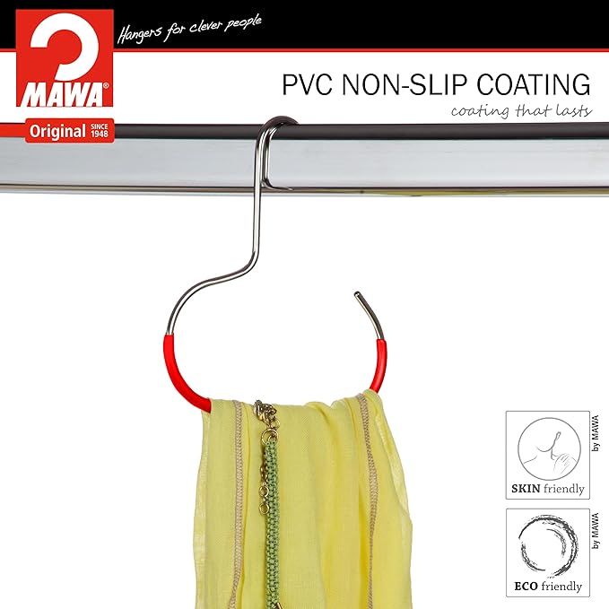 Mawa Scarf, Shawl, Belt, and Accessory Organizer, Non-Toxic Metal Hanger with Grip Coating, Easy Access Open Hook, Model G-1 Space Saving Design, Set of 5, Red