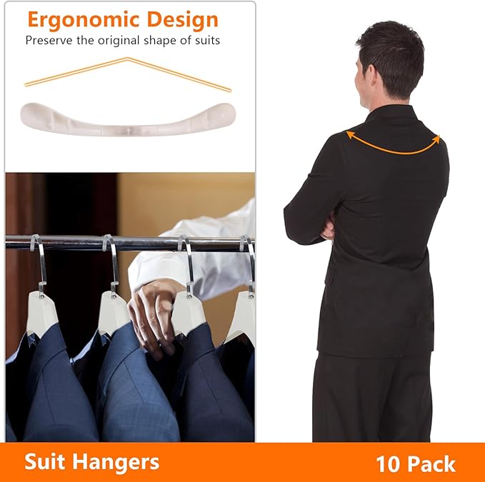 DEDU Suit Hangers for Men 10 Pack, Sweater Hangers No Shoulder Bump Non Slip Width 17.7", Plastic Clothes Hangers Ivory White with Metal Hook
