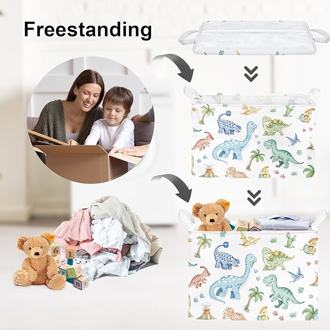 Clastyle Boho Dinosaur Laundry Basket Palm Tree Kids Clothes Book Storage Basket Gift Toy Box for Bedroom Decor,Pterosaur,40x30x30 cm