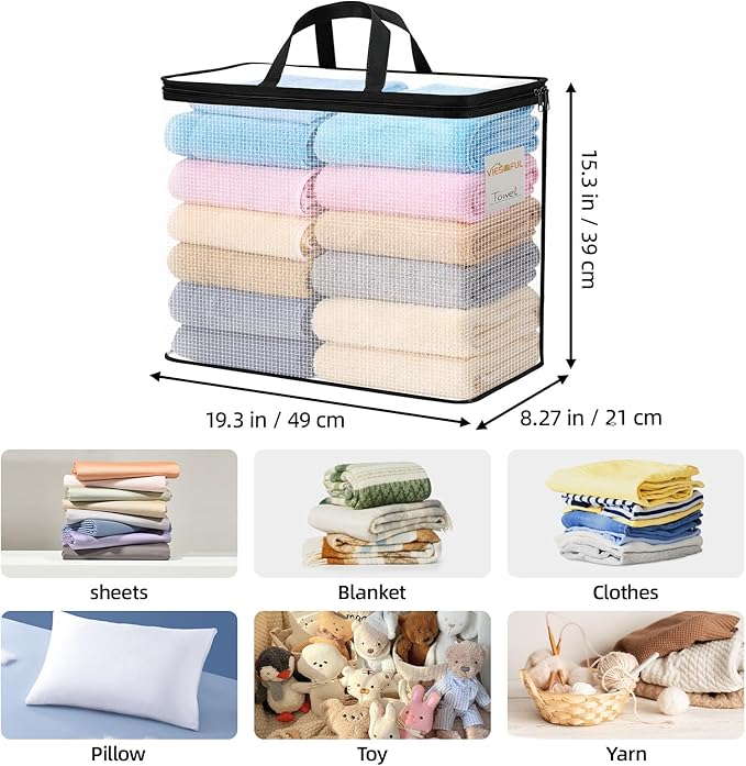 Vieshful 6 Pack Clear Storage Bags for Clothes, 19.3" × 15.4" × 8.3" Clear PVC Mesh Clothing Organizers with Zipper for Blankets, Clothes, Bedding, Sweater, Toys & Closet Storage, 40L Black