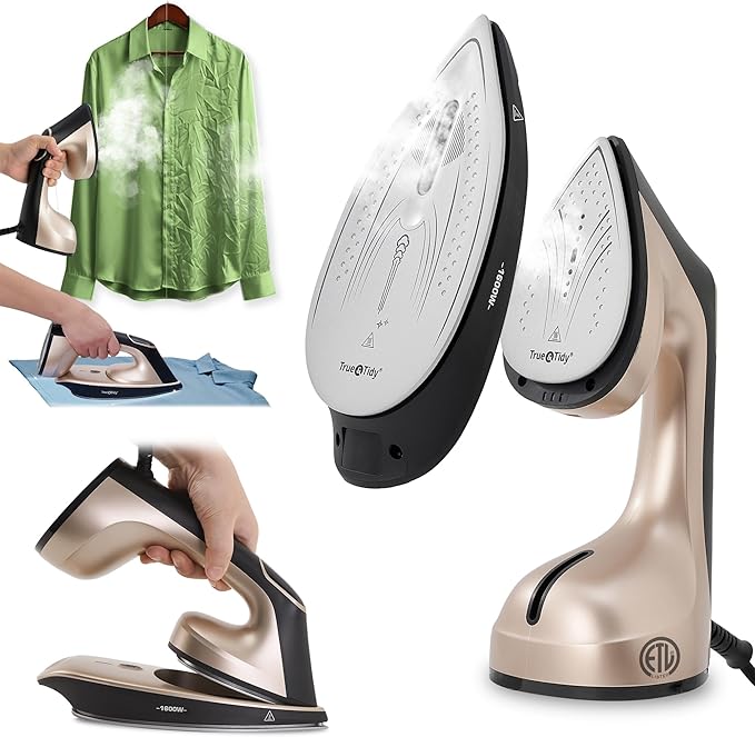 True & Tidy 2-in-1 Iron and Handheld Steamer, 1600W Dual Heating System with Ceramic-Coated Plate, LCD Display, No-Drip Technology, 3 Fabric Modes, Portable Garment Steamer for Home & Travel